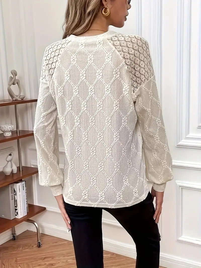Rundhals Langarm Unifarben Spitze Regelmäßig Regelmäßige Passform Bluse für Damen