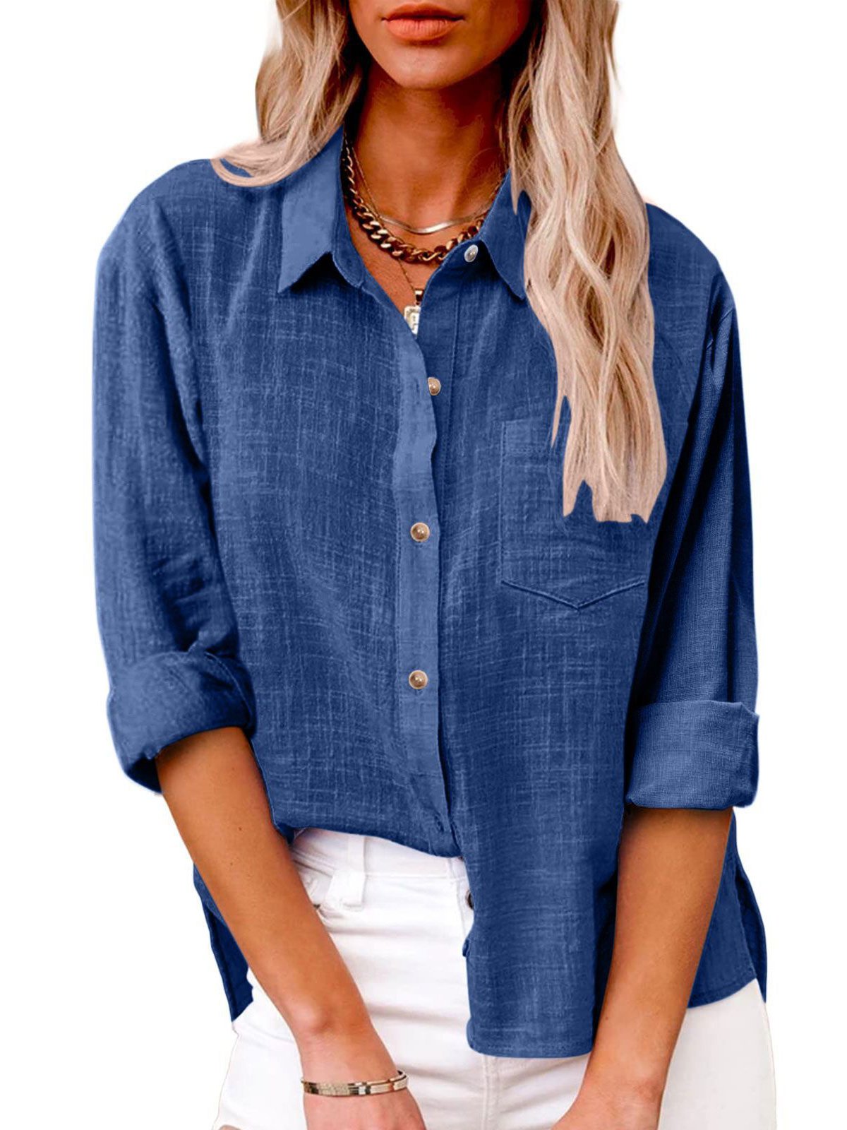 Hemdkragen Langarm Unifarben Regelmäßig Weit Bluse für Damen