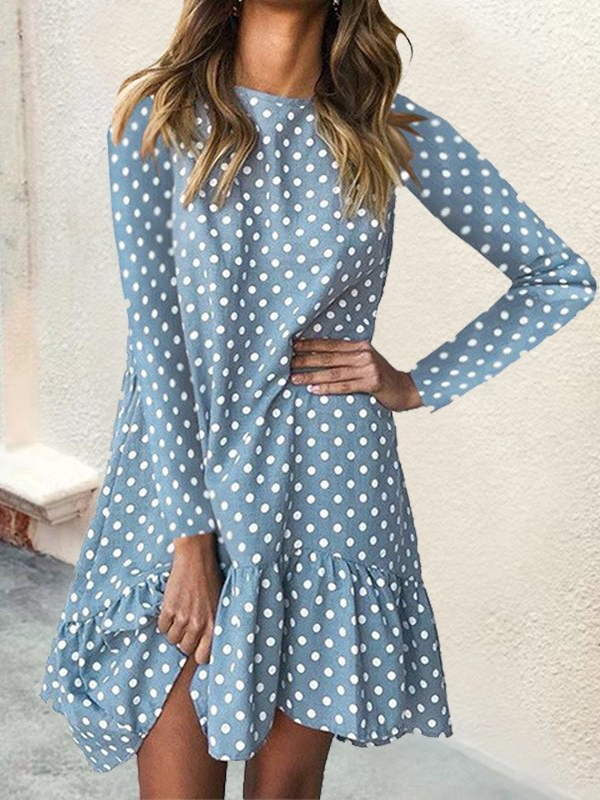 Damen Polka Dots Rollkragen Langarm Bequem Lässig Minikleid