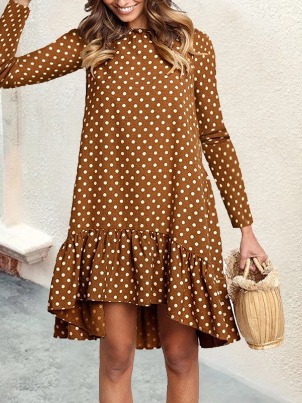 Damen Polka Dots Rollkragen Langarm Bequem Lässig Minikleid