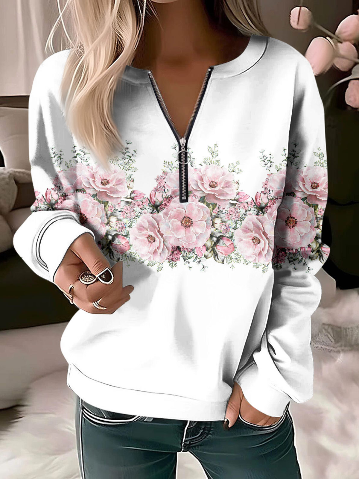Lässig Rundhals Geblümt Sweatshirt Reißverschluss