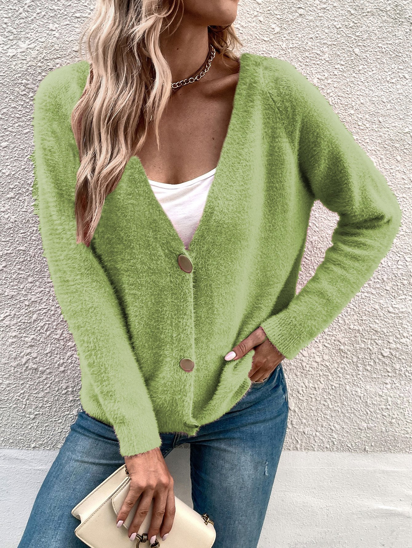 Damen Wolle/Stricken Unifarben Langarm Bequem Lässig Strickjacke