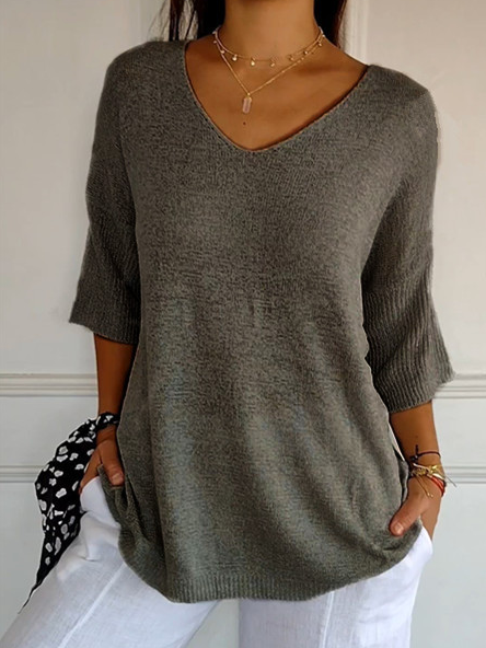 Damen Garn/Wollgarn Unifarben Dreiviertelärmel Bequem Lässig Pullover