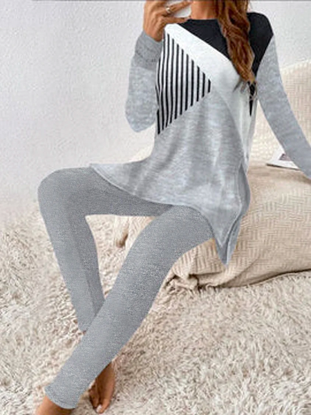 Damen Geometrisch Rundhals Langarm Bequem Lässig Bluse mit Hose Zweiteiliges Set
