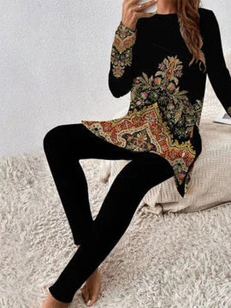 Damen Geometrisch Rundhals Langarm Bequem Lässig Bluse mit Hose Zweiteiliges Set