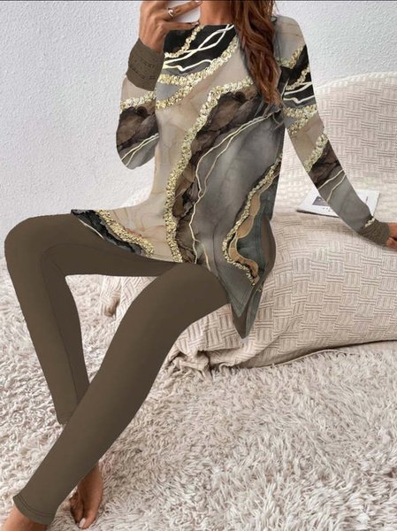 Damen Geometrisch Rundhals Langarm Bequem Lässig Bluse mit Hose Zweiteiliges Set