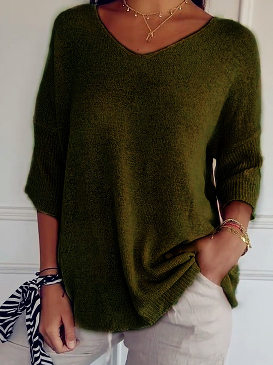 Damen Garn/Wollgarn Unifarben Dreiviertelärmel Bequem Lässig Pullover