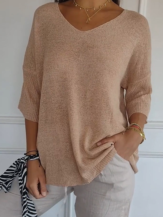 Damen Garn/Wollgarn Unifarben Dreiviertelärmel Bequem Lässig Pullover