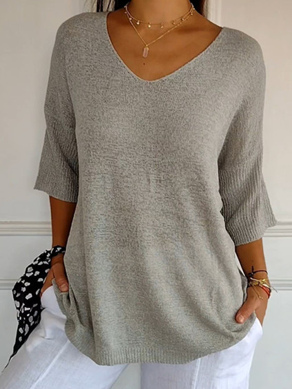 Damen Garn/Wollgarn Unifarben Dreiviertelärmel Bequem Lässig Pullover