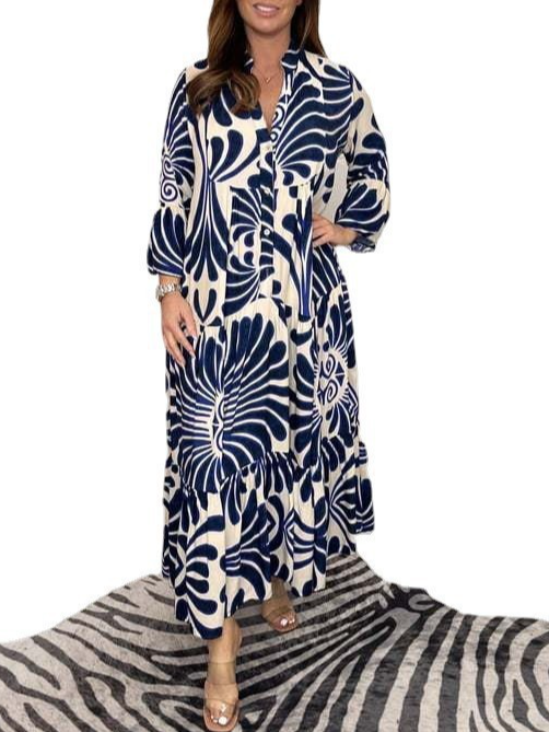 Damen Geometrisch Schalkragen Halbarm Bequem Lässig Midikleid