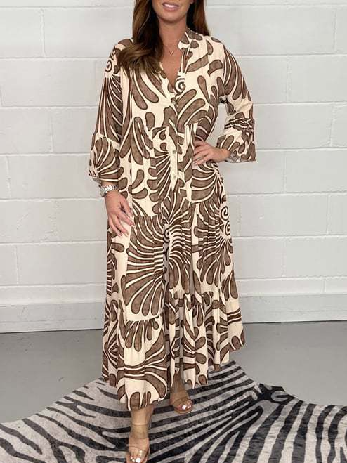 Damen Geometrisch Schalkragen Halbarm Bequem Lässig Midikleid