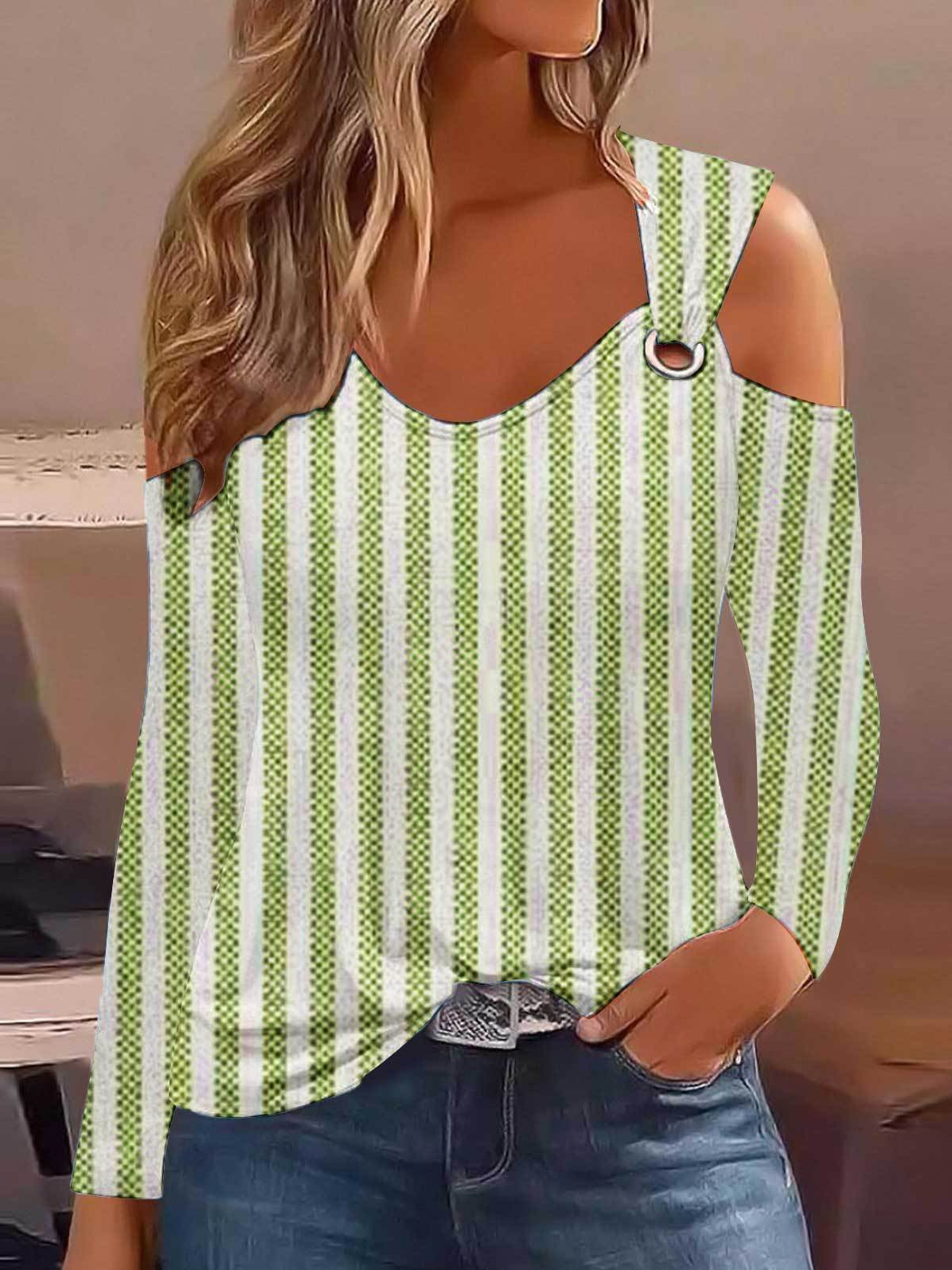 Lässig Gestreift Rundhals Langarm T-Shirt