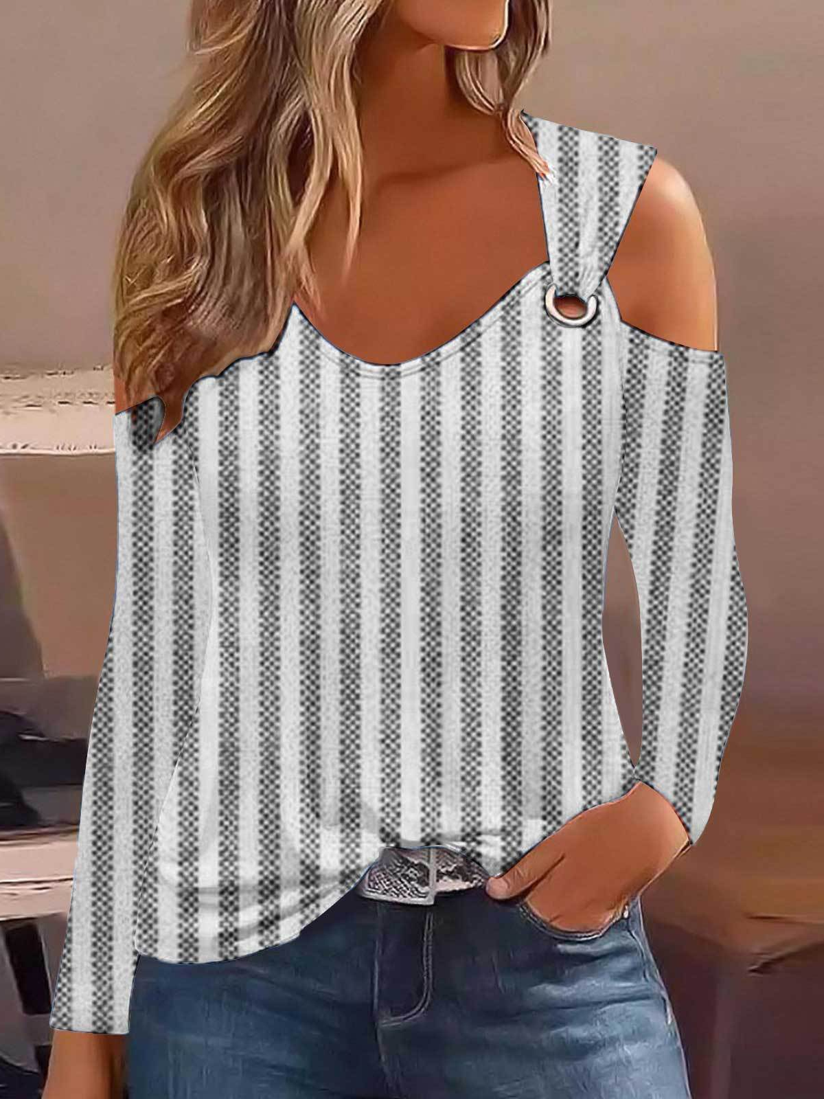 Lässig Gestreift Rundhals Langarm T-Shirt