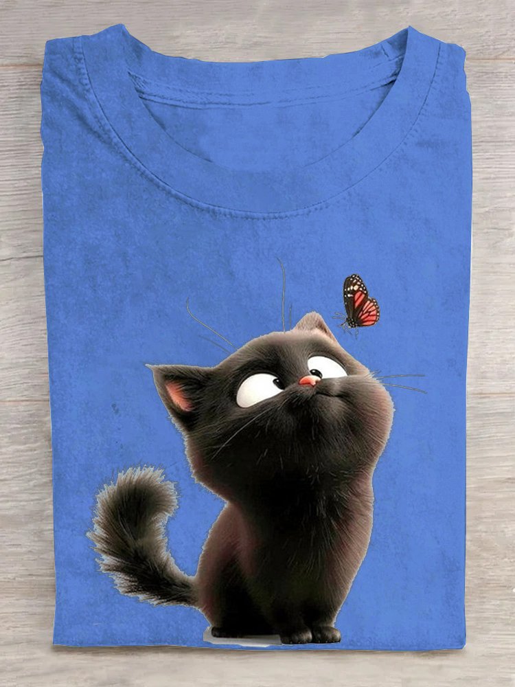 Lässig Katze Rundhals Kurzarm T-Shirt