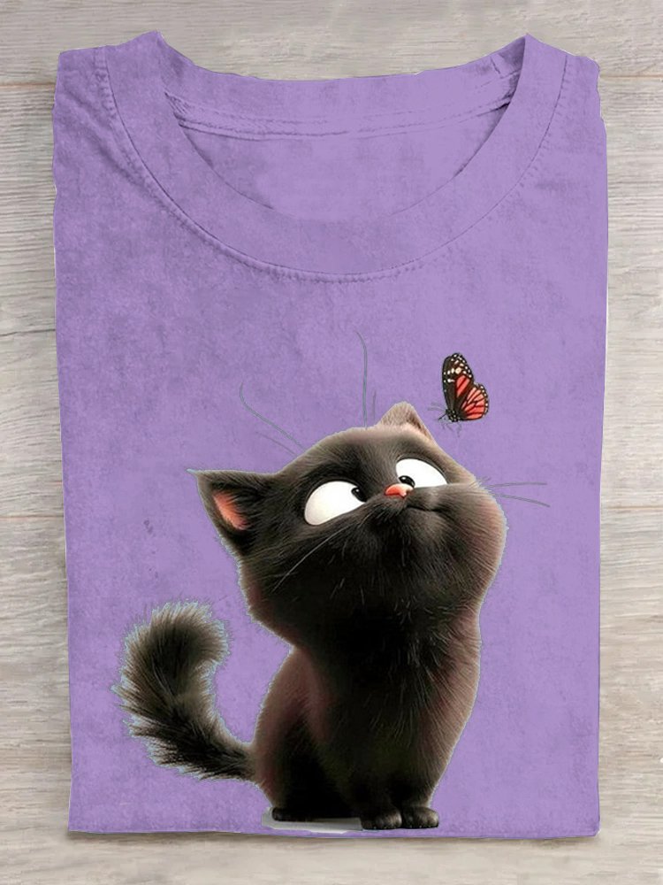 Lässig Katze Rundhals Kurzarm T-Shirt