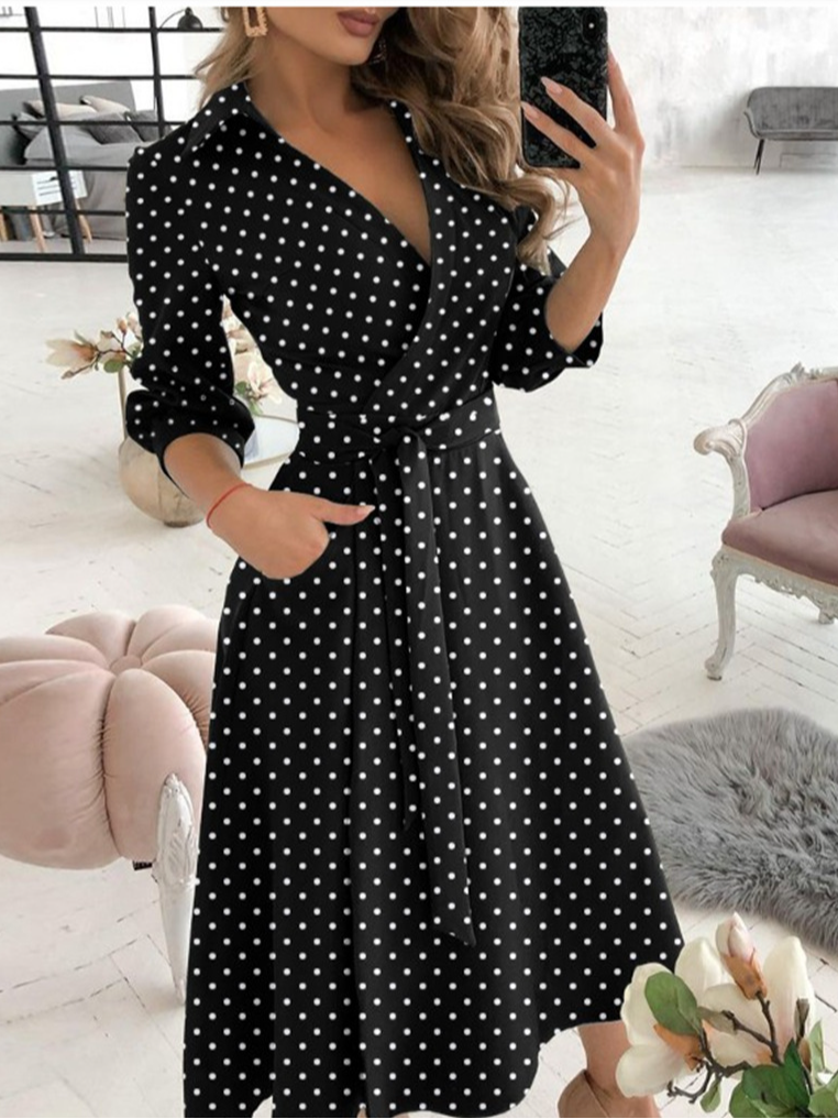 Damen Polka Dots Rundhals Langarm Bequem Lässig Maxikleid