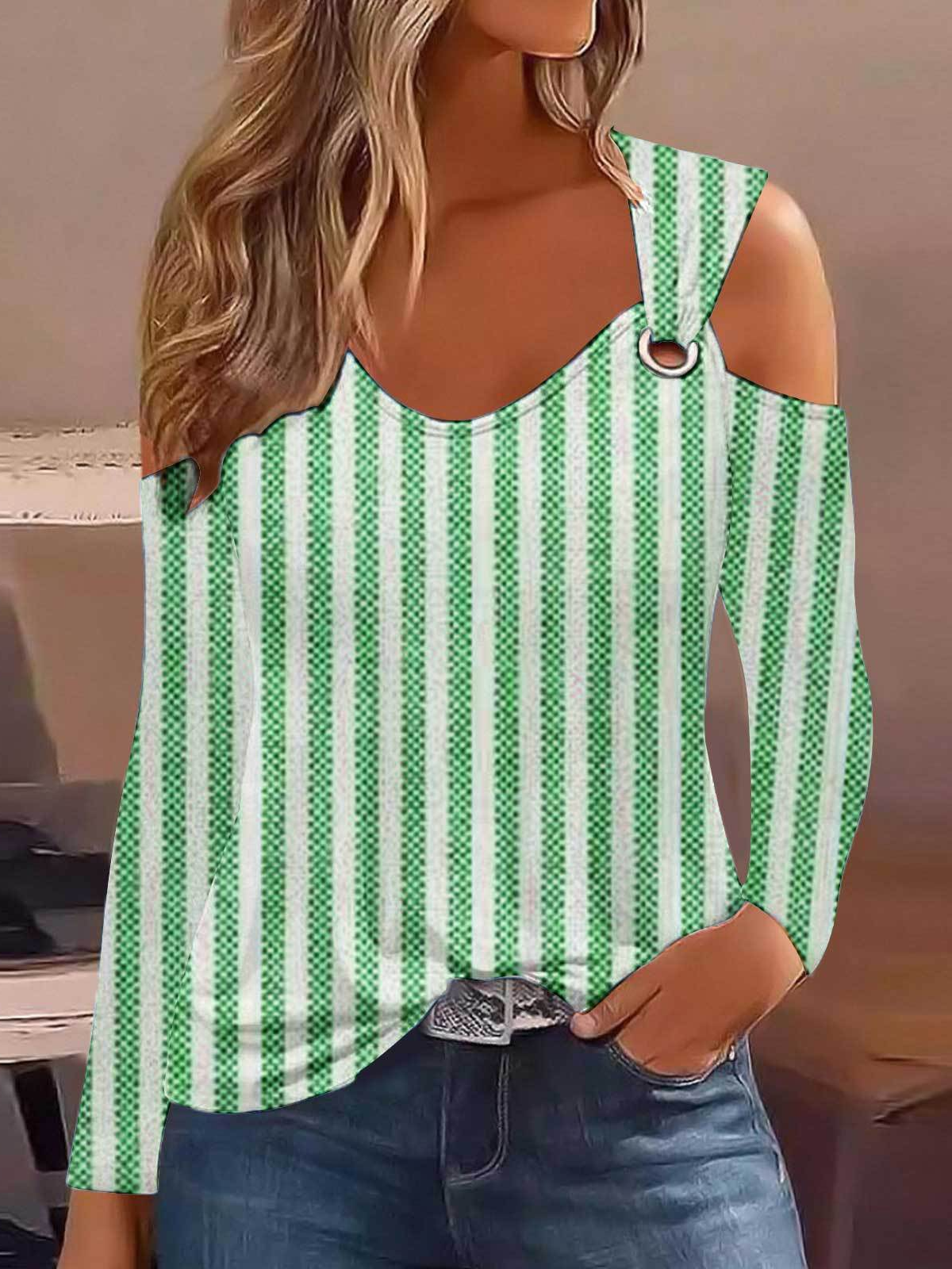 Lässig Gestreift Rundhals Langarm T-Shirt