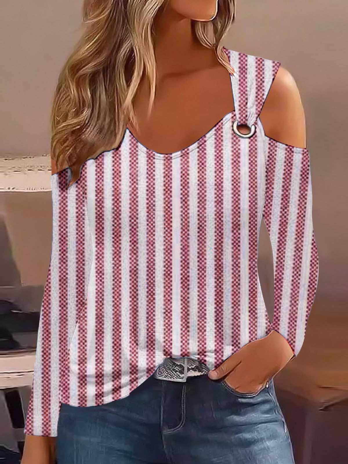 Lässig Gestreift Rundhals Langarm T-Shirt