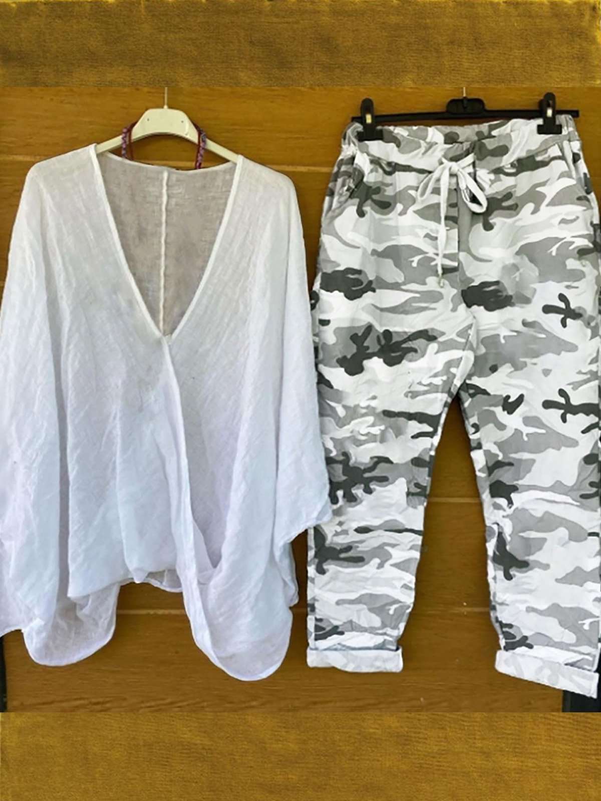 Damen Camo V-Ausschnitt Dreiviertelärmel Bequem Lässig Bluse mit Hose Zweiteiliges Set