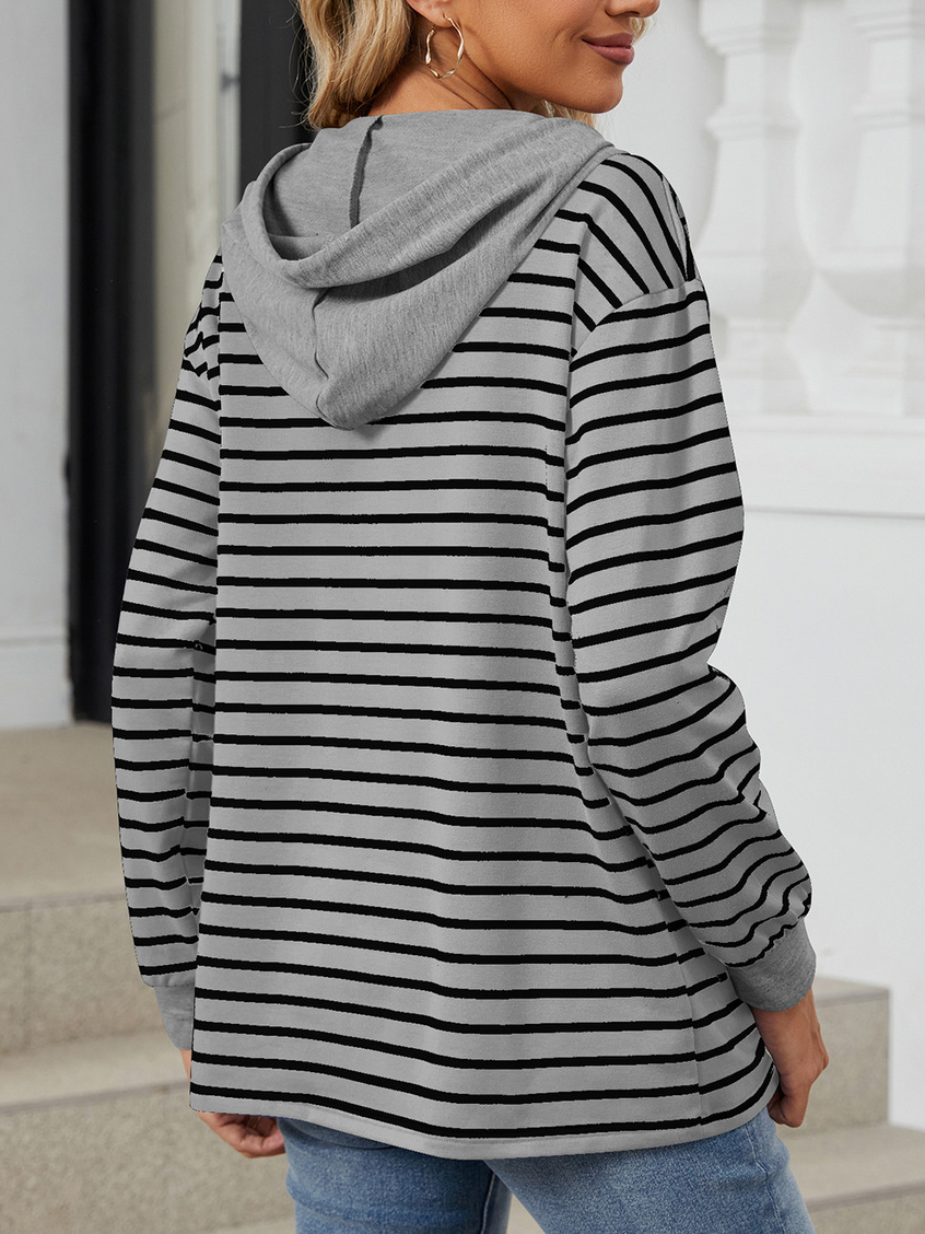 Lässig Kapuze Gestreift Sweatshirt Reißverschluss