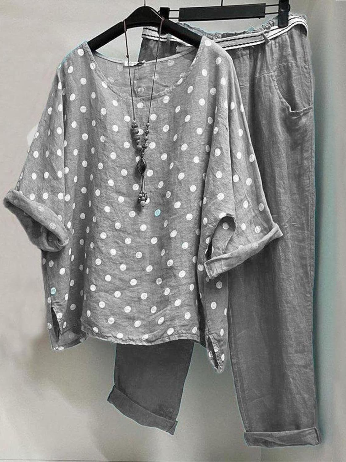 Damen Polka Dots Rundhals Halbarm Bequem Lässig Bluse mit Hose Zweiteiliges Set