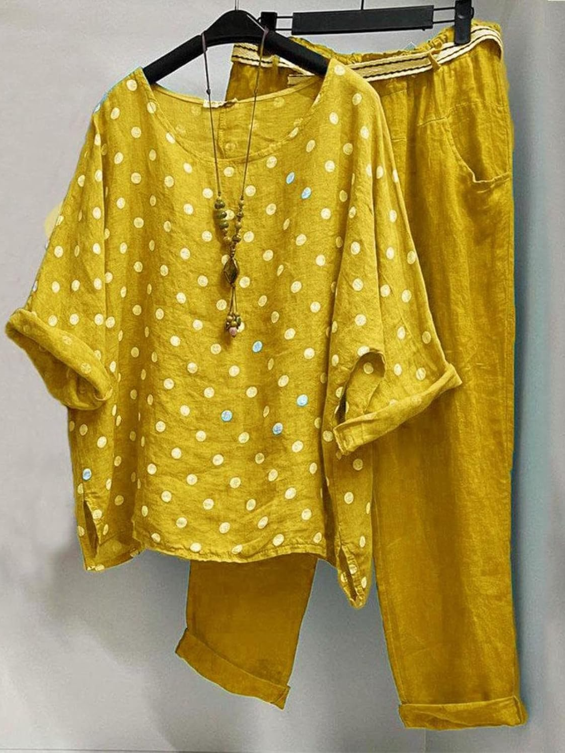 Damen Polka Dots Rundhals Halbarm Bequem Lässig Bluse mit Hose Zweiteiliges Set