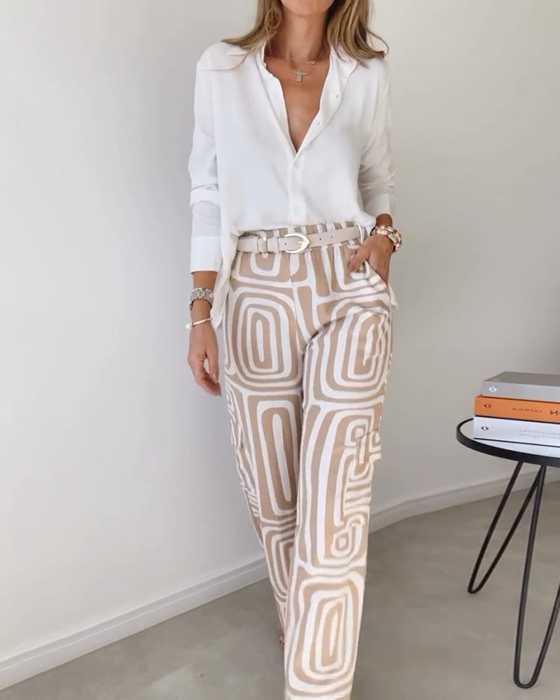 Damen Abstrakt Schalkragen Langarm Bequem Lässig Bluse mit Hose Zweiteiliges Set