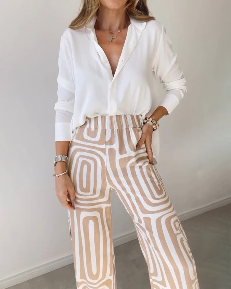 Damen Abstrakt Schalkragen Langarm Bequem Lässig Bluse mit Hose Zweiteiliges Set