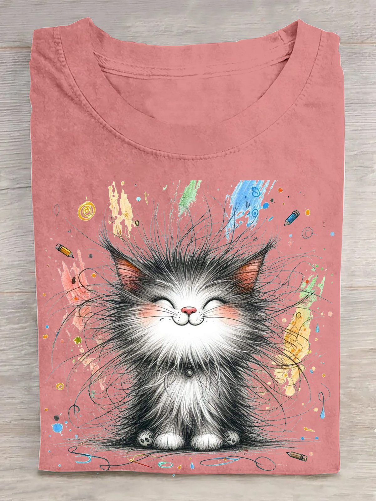 Lässig Katze Rundhals Kurzarm T-Shirt