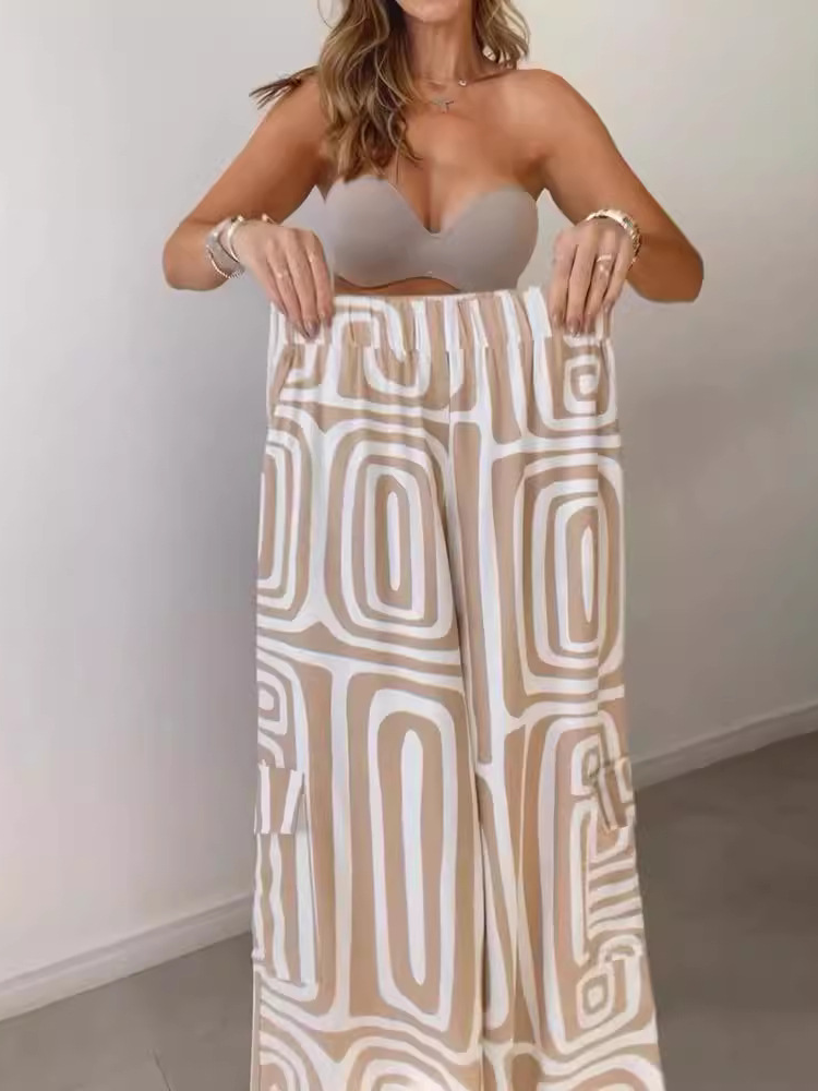 Damen Abstrakt Schalkragen Langarm Bequem Lässig Bluse mit Hose Zweiteiliges Set