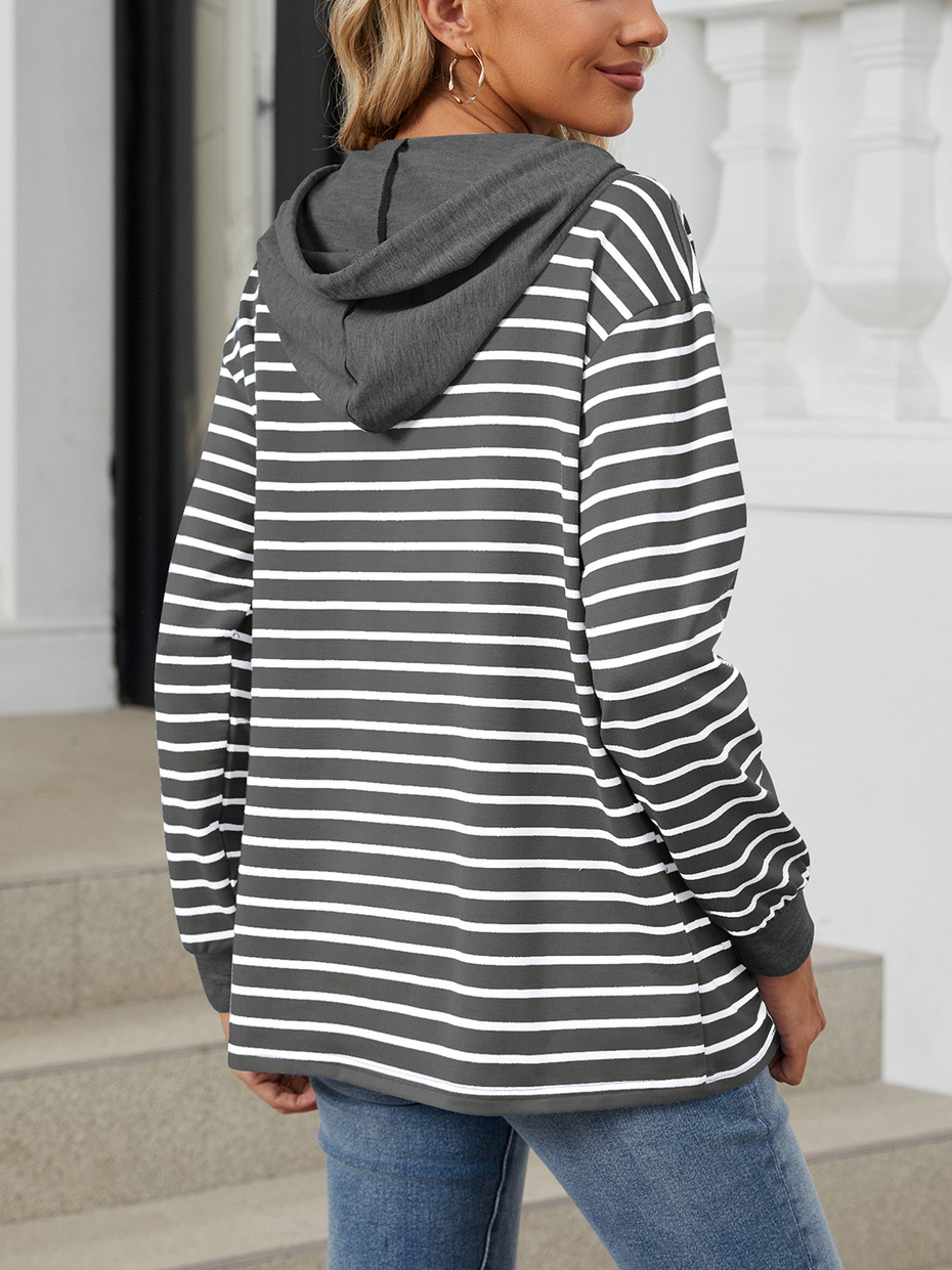 Lässig Kapuze Gestreift Sweatshirt Reißverschluss