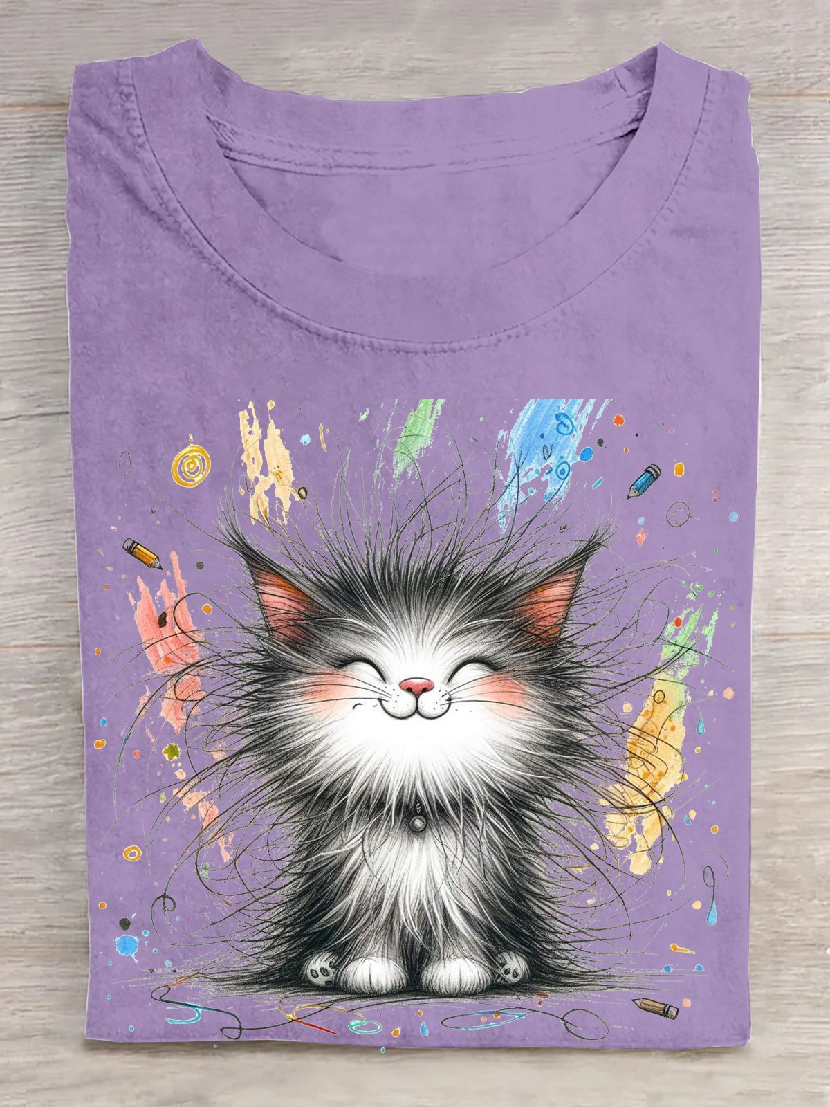 Lässig Katze Rundhals Kurzarm T-Shirt