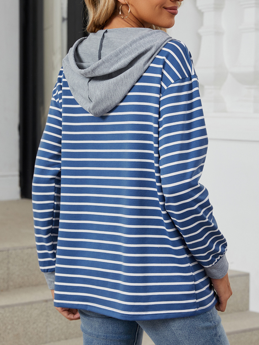 Lässig Kapuze Gestreift Sweatshirt Reißverschluss
