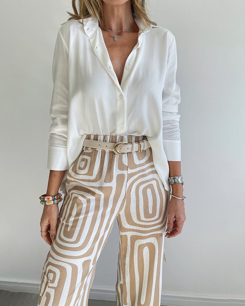 Damen Abstrakt Schalkragen Langarm Bequem Lässig Bluse mit Hose Zweiteiliges Set
