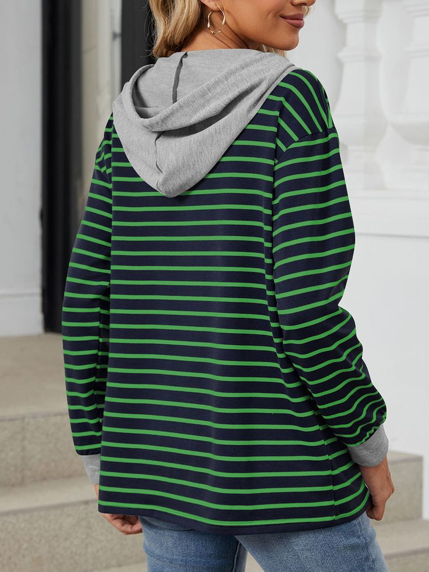 Lässig Kapuze Gestreift Sweatshirt Reißverschluss