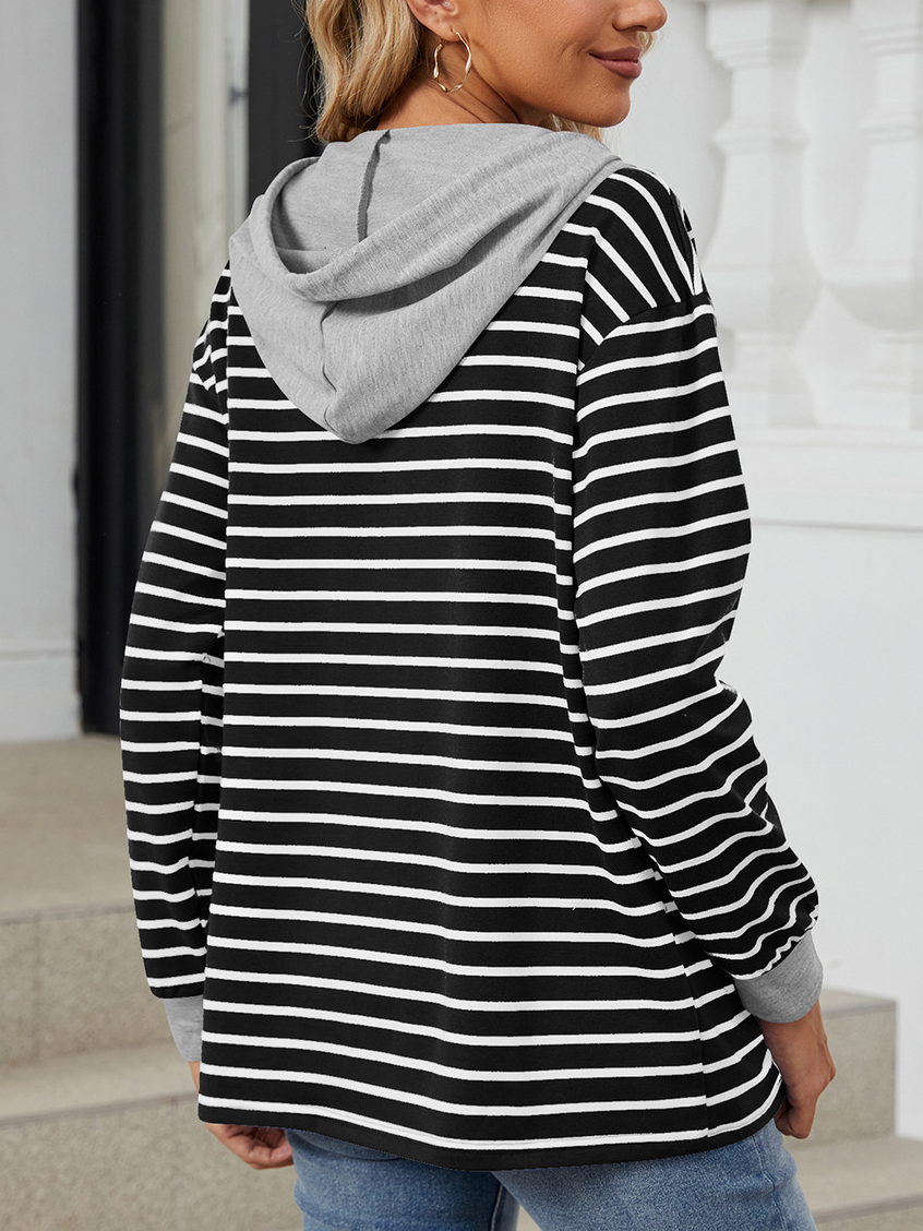 Lässig Kapuze Gestreift Sweatshirt Reißverschluss