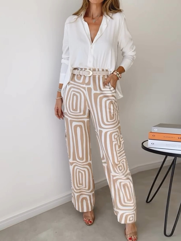 Damen Abstrakt Schalkragen Langarm Bequem Lässig Bluse mit Hose Zweiteiliges Set
