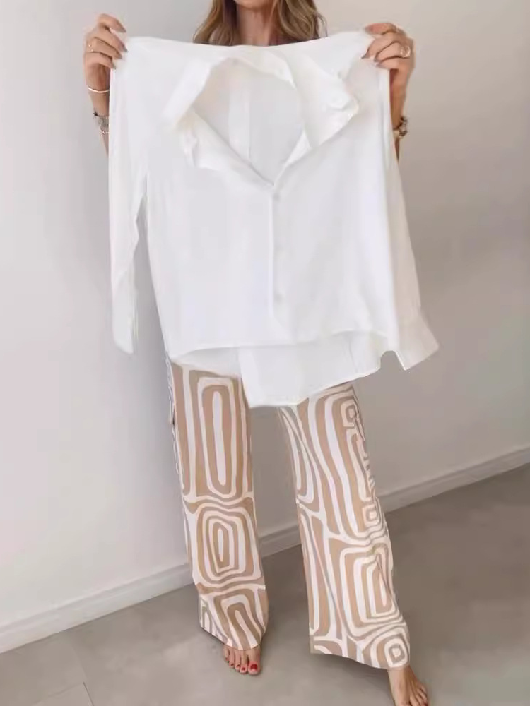 Damen Abstrakt Schalkragen Langarm Bequem Lässig Bluse mit Hose Zweiteiliges Set