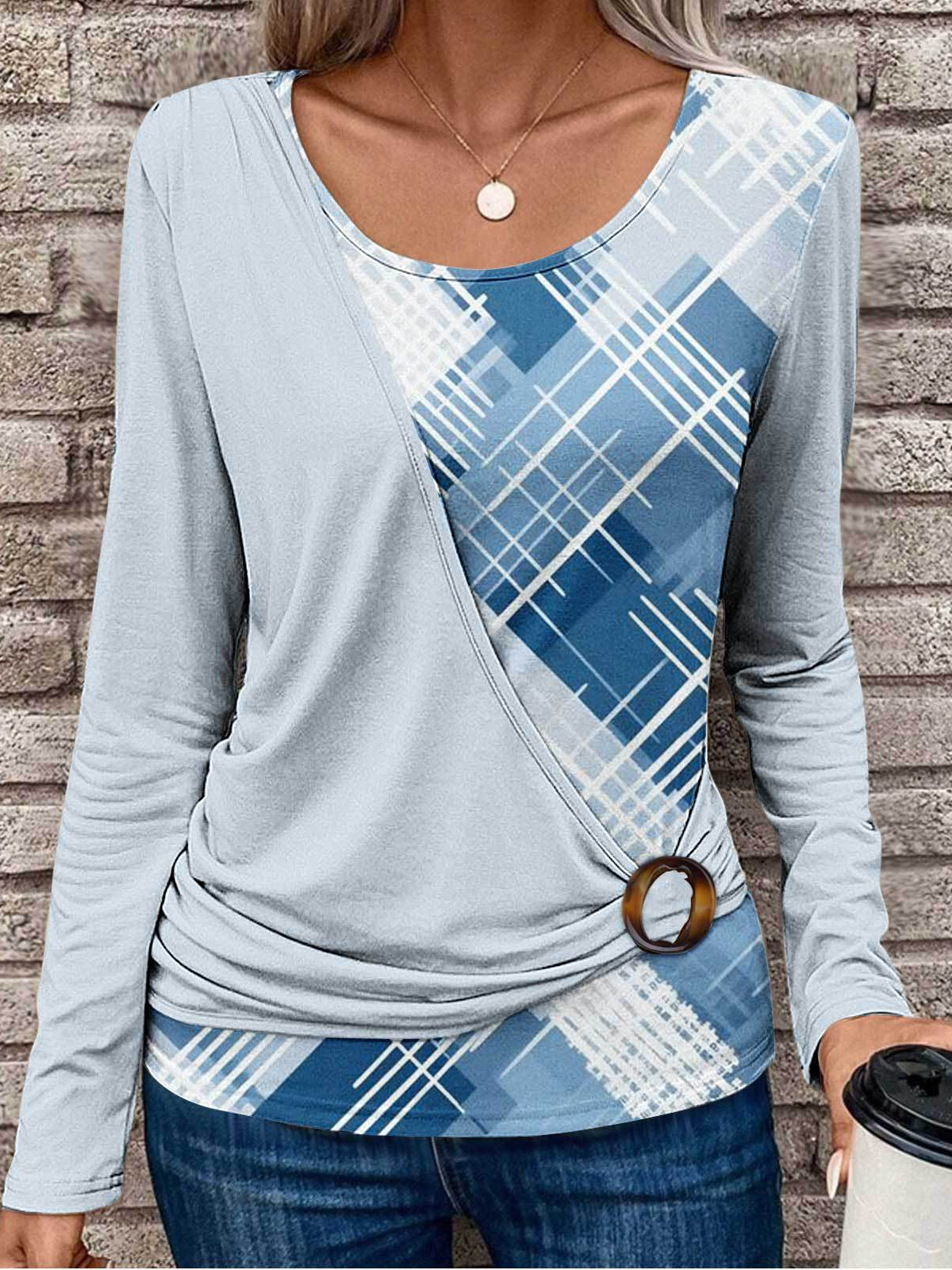 Rundhals Langarm Geometrisch Regelmäßig Weit Spotten Zweiteiliges Bluse für Damen