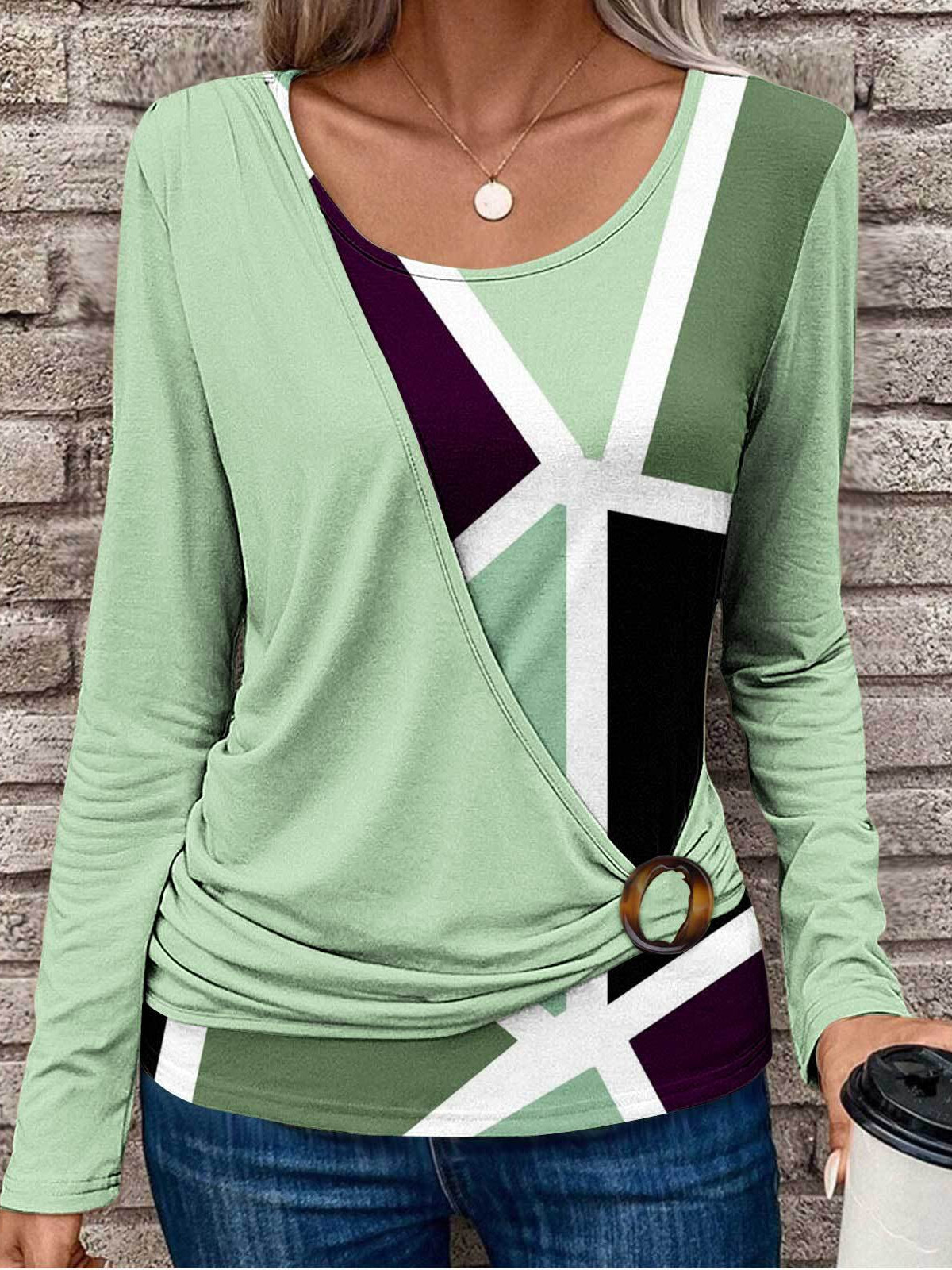 Rundhals Langarm Geometrisch Regelmäßig Weit Spotten Zweiteiliges Bluse für Damen