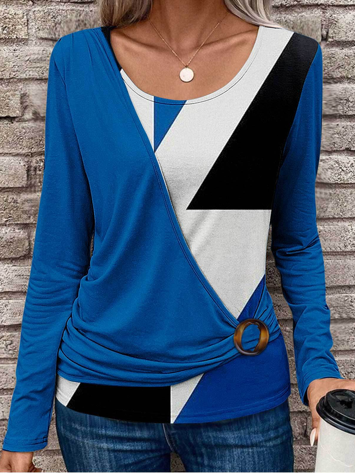 Rundhals Langarm Geometrisch Regelmäßig Weit Spotten Zweiteiliges Bluse für Damen
