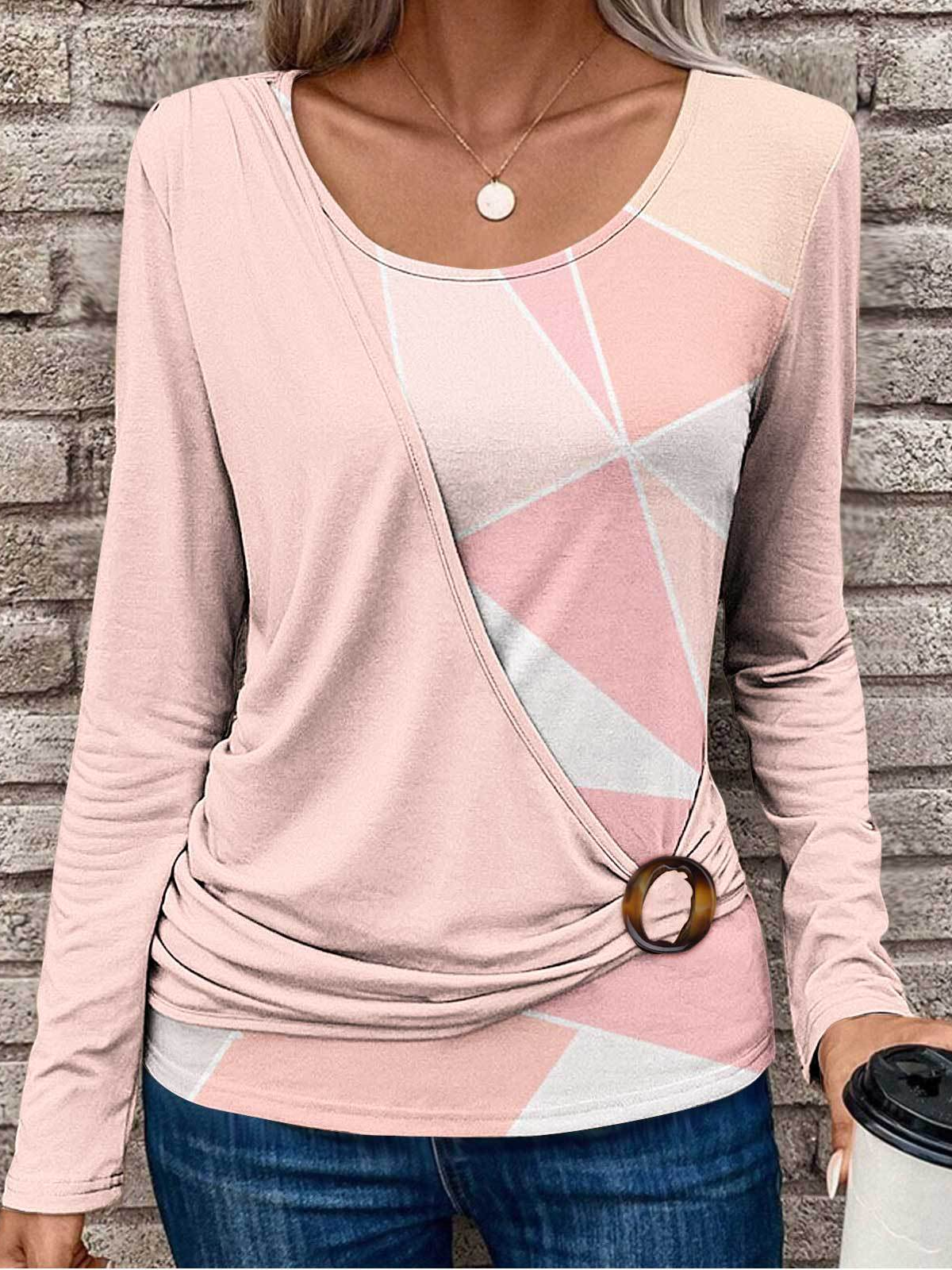 Rundhals Langarm Geometrisch Regelmäßig Weit Spotten Zweiteiliges Bluse für Damen