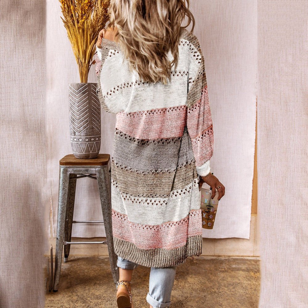 Damen Wolle/Stricken Gestreift Langarm Bequem Lässig Strickjacke