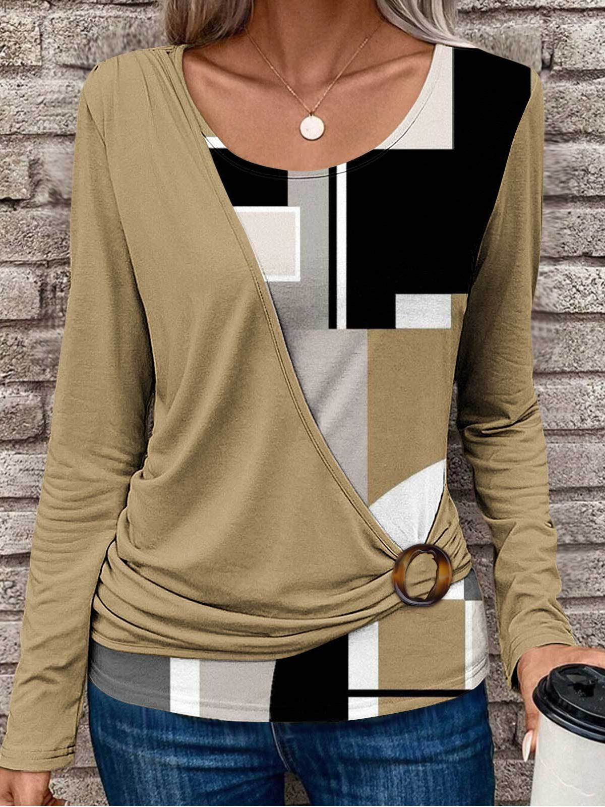 Rundhals Langarm Geometrisch Regelmäßig Weit Spotten Zweiteiliges Bluse für Damen