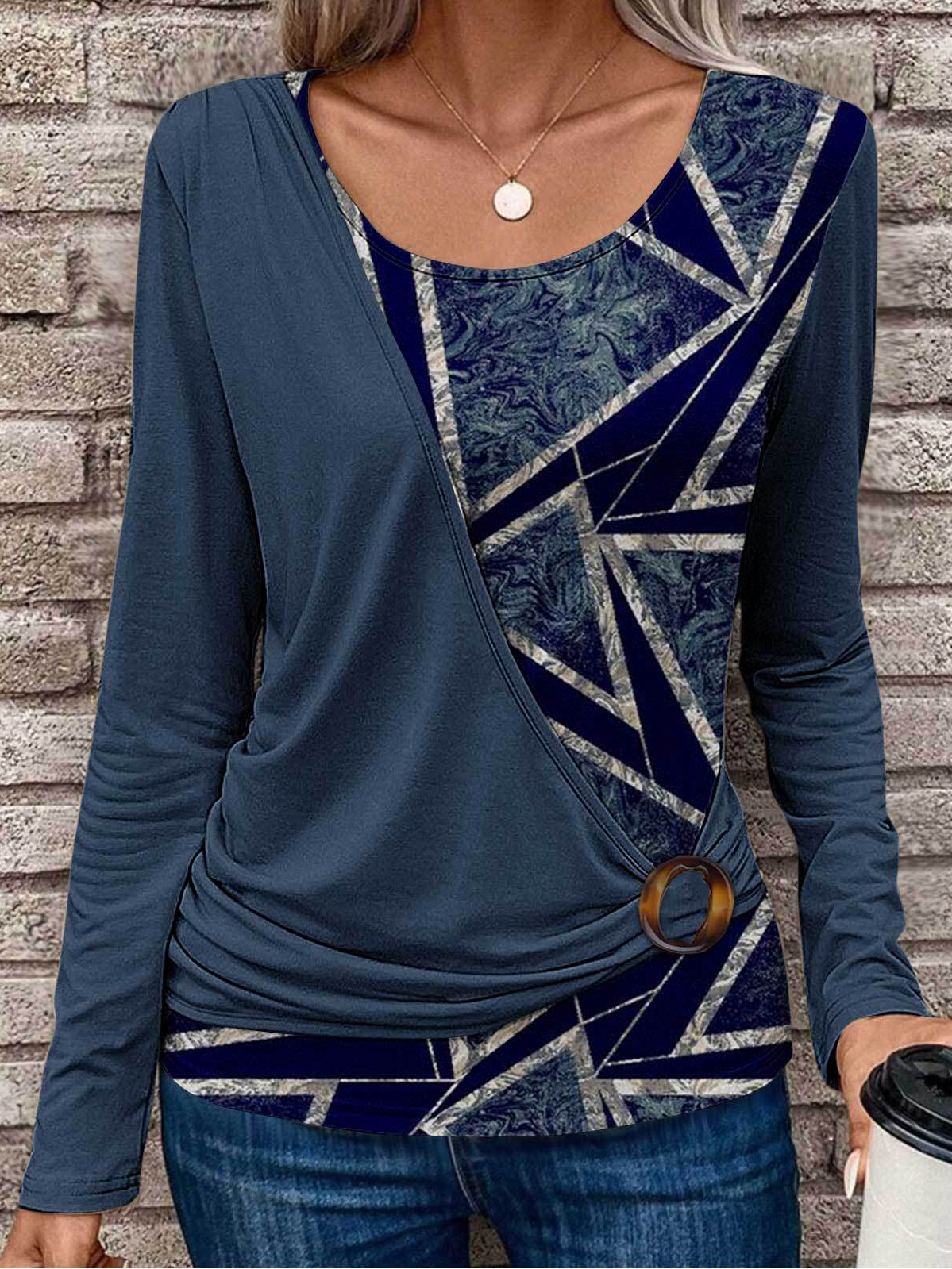 Rundhals Langarm Geometrisch Regelmäßig Weit Spotten Zweiteiliges Bluse für Damen