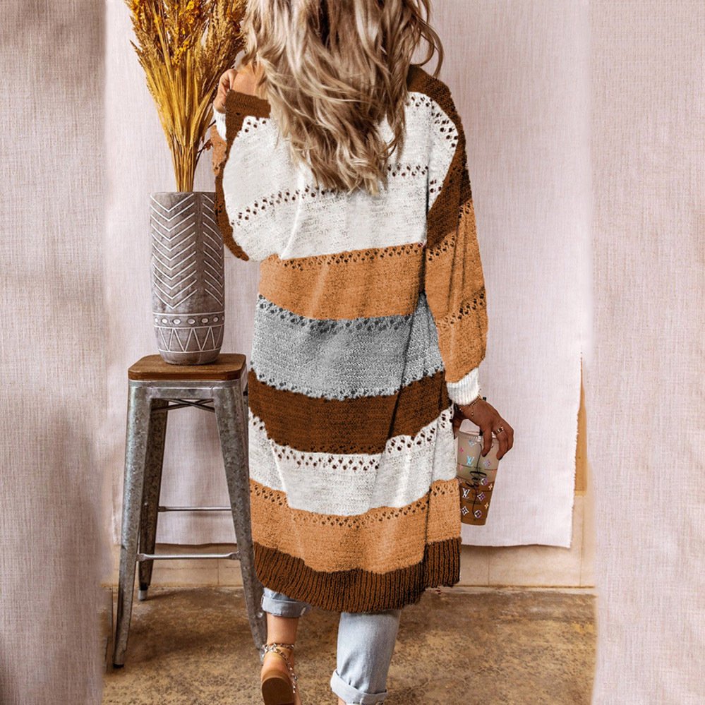 Damen Wolle/Stricken Gestreift Langarm Bequem Lässig Strickjacke