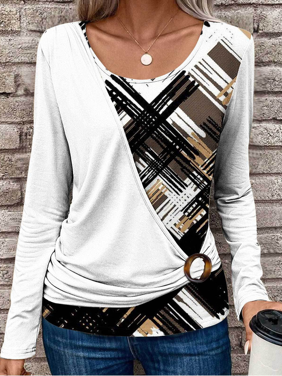 Rundhals Langarm Geometrisch Regelmäßig Weit Spotten Zweiteiliges Bluse für Damen