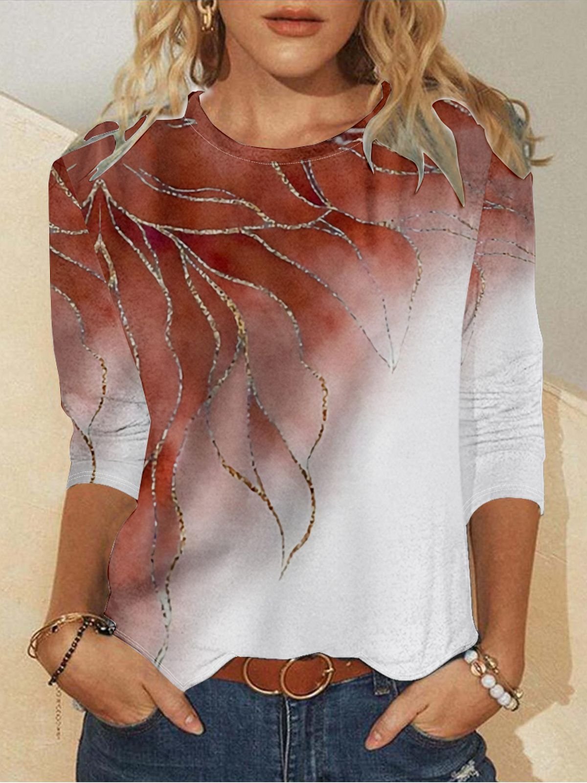 Lässig Gestreift Rundhals Langarm T-Shirt