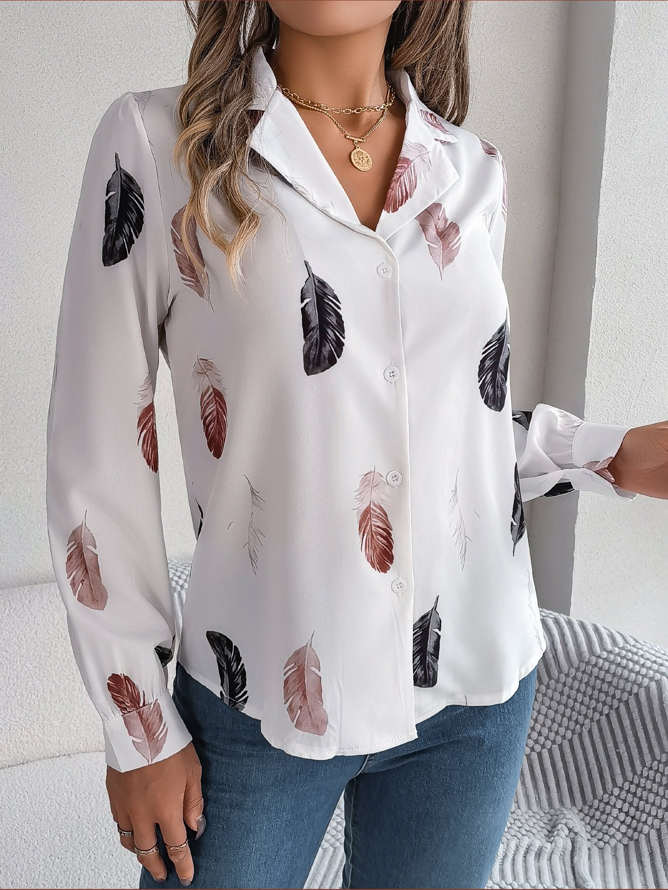 Hemdkragen Langarm Blätter Regelmäßig Weit Bluse für Damen