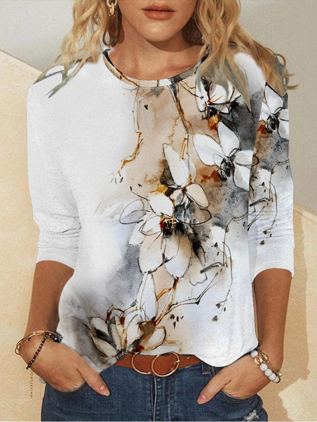 Lässig Gestreift Rundhals Langarm T-Shirt